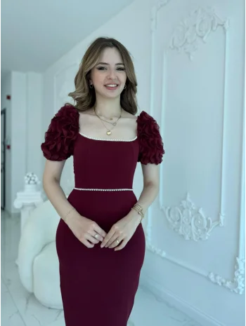 Kol Detaylı Bordo Midi Boy Elbise