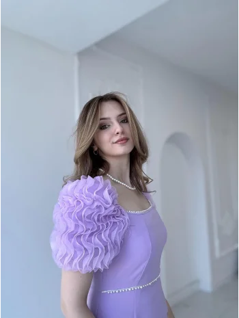 Kol Detaylı Lila Midi Boy Elbise