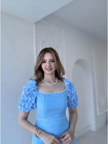 Kol Detaylı Mavi Midi Boy Elbise