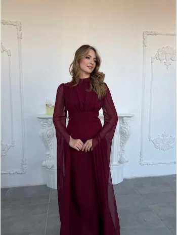 Korse Detaylı Tül Kollu Uzun Bordo Elbise