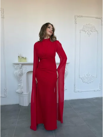 Korse Detaylı Tül Kollu Uzun Kırmızı Elbise