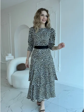 Kuşak Garnili Leopar Saten Kat Kat Elbise