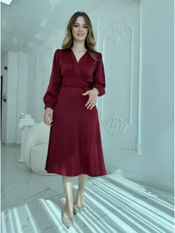 Kuşaklı, Dökümlü ve Şık Tensel Saten Bordo Elbise