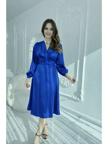 Kuşaklı, Dökümlü ve Şık Tensel Saten Saks Mavi Elbise
