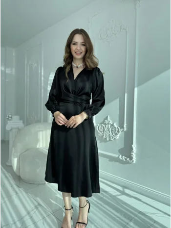 Kuşaklı, Dökümlü ve Şık Tensel Saten Siyah Elbise