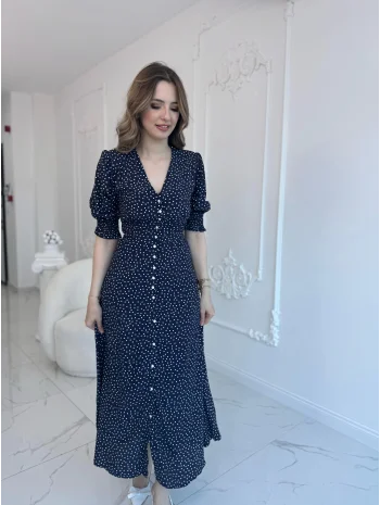Lacivert Bel ve Kol Ucu Gipeli Elbise