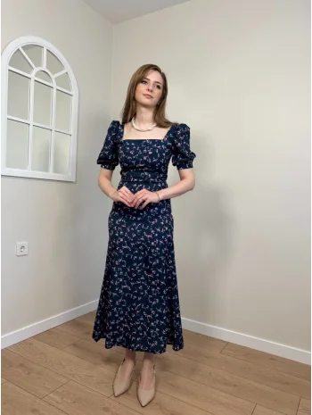 Lacivert Çiçek Desenli Krep Kumaş Elbise