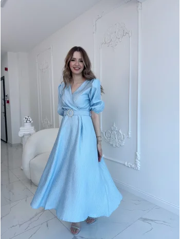 Mavi Işıltılı Kemerli Kruvaze Elbise