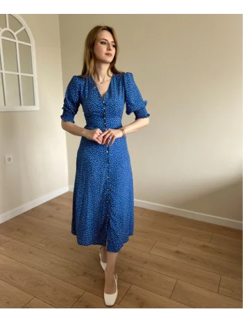 Mavi Bel ve Kol Ucu Gipeli Elbise