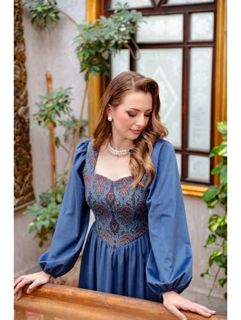 Mavi Taşlı İki Sıra İnci Kolye