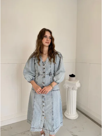 Midi Boy Düğmeli Açık Kot Elbise