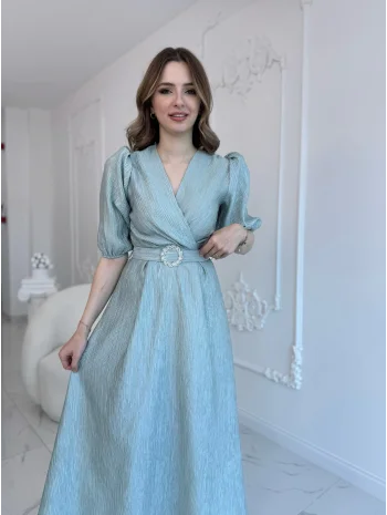 Mint Işıltılı Kemerli Kruvaze Elbise