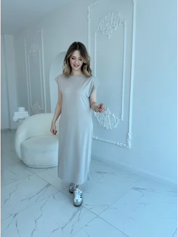 Modal Kumaş Vatkalı Maxi Boy Bej Elbise