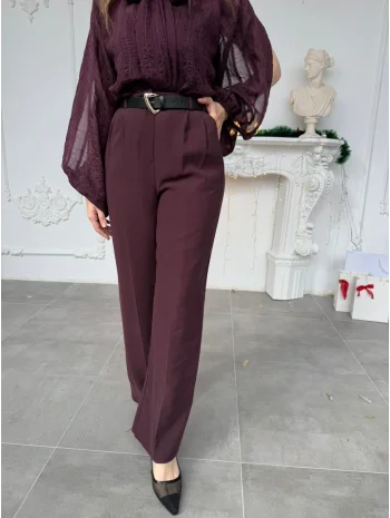 Mürdüm Çift Pileli Kemerli Kumaş Pantolon