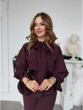 Mürdüm Fular Yaka Çizgili Balon Kol Tasarım Bluz