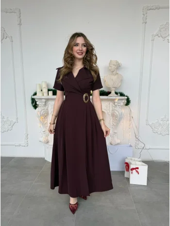 Mürdüm Kruvaze Yaka Kemerli Maxi Boy Davet Elbisesi