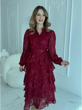 Nakış İşlemeli Kat Kat Volanlı Bordo Elbise