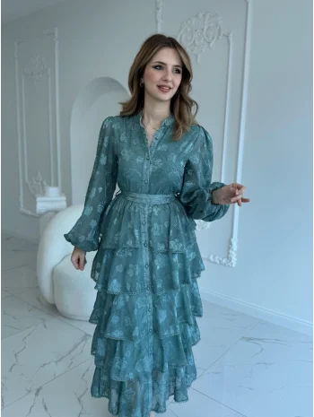 Nakış İşlemeli Kat Kat Volanlı Mint Elbise