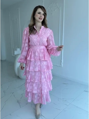 Nakış İşlemeli Kat Kat Volanlı Pembe Elbise