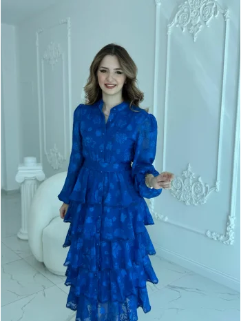 Nakış İşlemeli Kat Kat Volanlı Saks Elbise