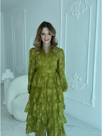 Nakış İşlemeli Kat Kat Volanlı Yağ Yeşili Elbise