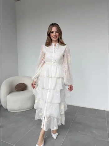 Nakışlı Karolin Kumaş Volanlı Kat Kat Ekru Kuşaklı Elbise