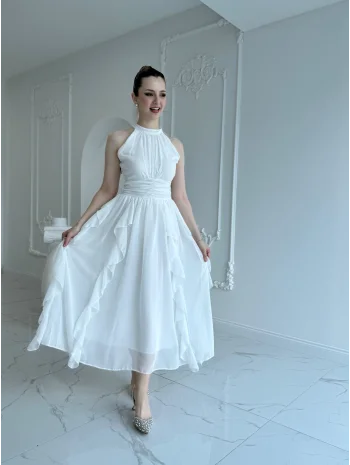 Önü Büzgülü Eteği Fırfırlı Beyaz Şifon Elbise