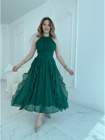 Önü Büzgülü Eteği Fırfırlı Zümrüt Şifon Elbise