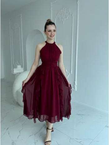 Önü Büzgülü Eteği Fırfırlı Bordo Şifon Elbise