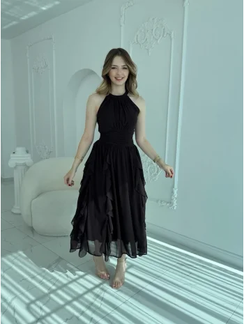 Önü Büzgülü Eteği Fırfırlı Kahve Şifon Elbise