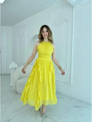 Önü Büzgülü Eteği Fırfırlı Sarı Şifon Elbise