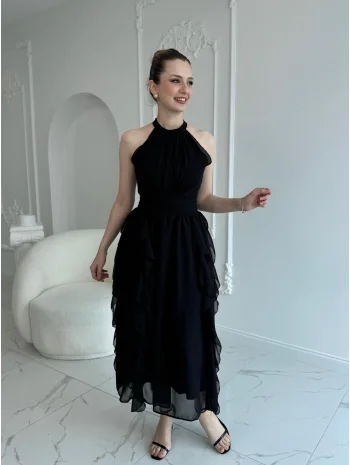 Önü Büzgülü Eteği Fırfırlı Siyah Şifon Elbise