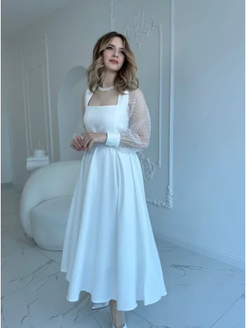 Organze Tül Puantiye Kol Beyaz Elbise