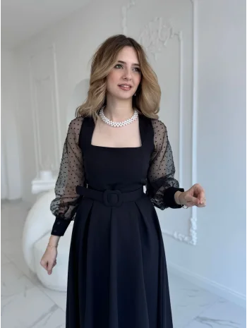 Organze Tül Puantiye Kol Siyah Elbise