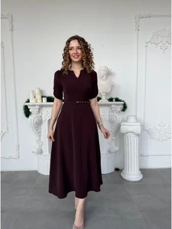 Özel Kol Tasarımlı Kemerli V Yaka Mürdüm Elbise