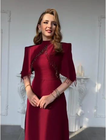Özel Tasarım Taş İşleme Detaylı Bordo Abiye Elbise