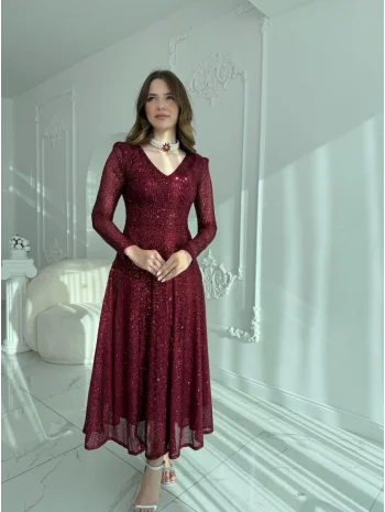 Parla Bordo Pul Parıltılı Midi Boy Elbise