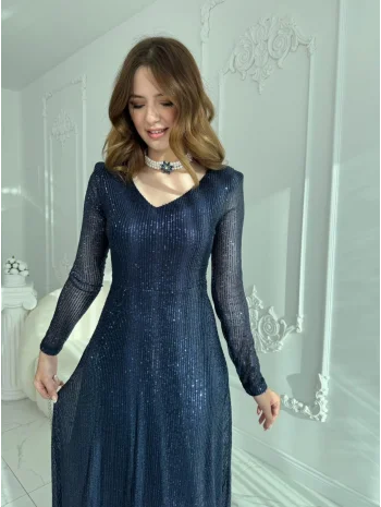 Parla Lacivert Pul Parıltılı Midi Boy Elbise