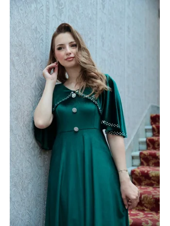 Pelerin Detaylı Taş Düğmeli Zümrüt Kadife Elbise