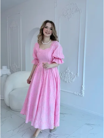 Pembe Kolu Lastikli Brode Prenses Elbise