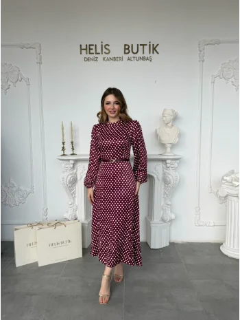 Retro Stil Bordo Saten Puantiyeli Midi Elbise