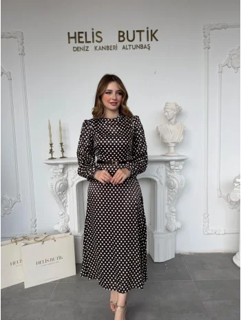 Retro Stil Kahve Saten Puantiyeli Midi Elbise