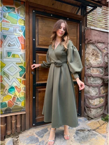 Rosa Haki Gül Kemer Detaylı Scuba Maxi Boy Elbise