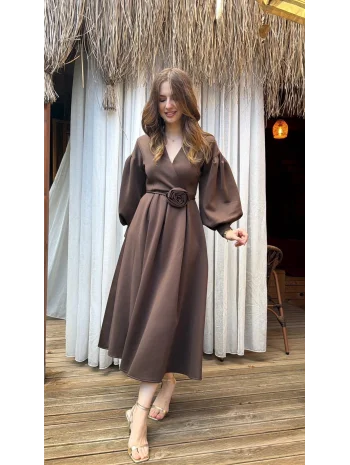 Rosa Kahve Gül Kemer Detaylı Scuba Maxi Boy Elbise