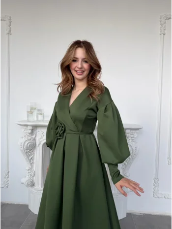 Rosa Yeşil Gül Kemer Detaylı Scuba Maxi Boy Elbise