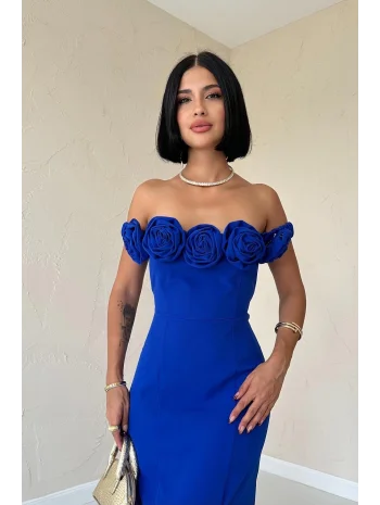 Saks Gül Yaka Detaylı Elbise