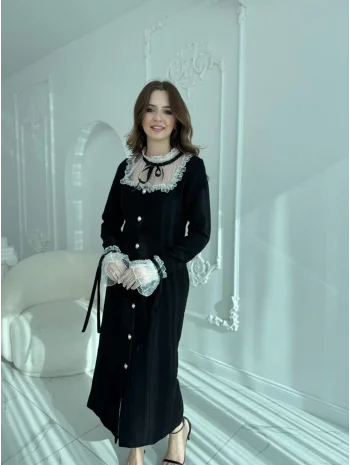 Şanel Tüvit Kumaş Düğmeli Yaka ve Kol Detaylı Siyah Elbise