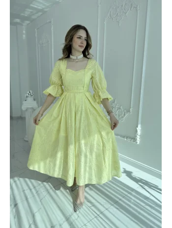 Sarı Kolu Lastikli Brode Prenses Elbise