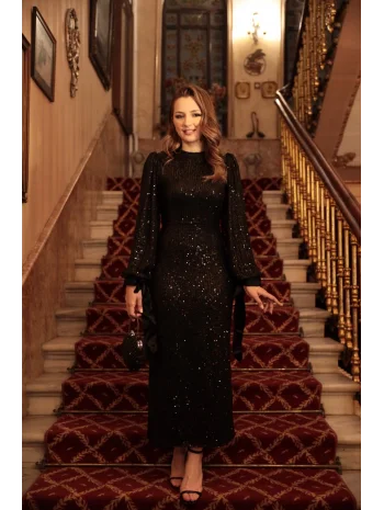 Saten Bağlama Detaylı Işıltılı Pul Payet Siyah Elbise