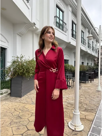 Saten Tam Boy Bel Detaylı Bordo Elbise
